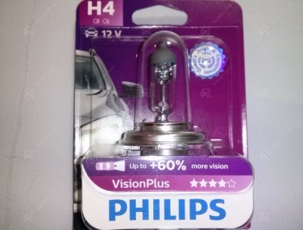 Лампа розжарювання H4VisionPlus12V 60/55W P43t-38, PHILIPS 12342VPB1 (фото 1)
