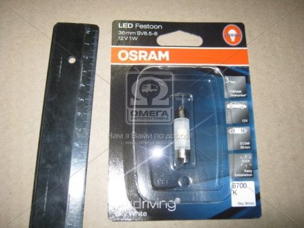 Лампа допоможуть. освітлення C5W 12V 0,5W SV8.5-8.5 6700K 1шт.blister, OSRAM 6436SW (фото 1)