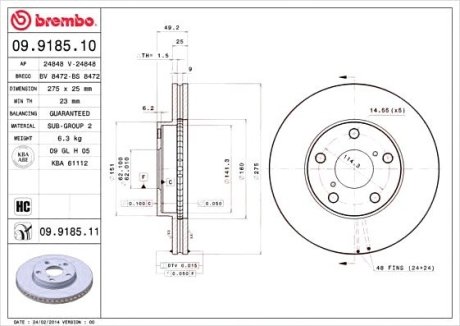 Тормозной диск вентилируемый BM Brembo 09.9185.10 (фото 1)