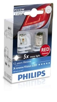 Автомобильная лампа:12/24 [В] (к-кт 2шт) светодиод P21/5W X-tremeVision LED цоколь BAY15d красный PHILIPS 38420830 (фото 1)