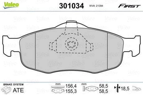 Комплект тормозных колодок, дисковый тормоз - VALEO 301034