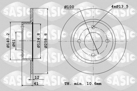 Диск тормозной RENAULT LOGAN/SANDERO передний не вент.D=259мм. Sasic 6104001 (фото 1)