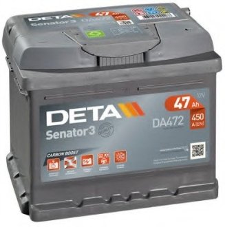 - аккумуляторная батарея 47ah senator3 12 v 47 ah 450 a etn 0(r+) b13 207x175x175mm 12kg DETA DA472 (фото 1)