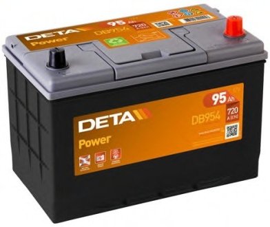 - аккумуляторная батарея 95ah power 12v 95ah 720a etn 0(r+) korean b1 306x173x222mm 23kg DETA DB954 (фото 1)