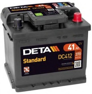 - аккумуляторная батарея 41ah standard 12 v 41 ah 370 a etn 0(r+) b13 207x175x175mm 11kg DETA DC412 (фото 1)