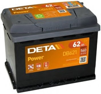 - аккумуляторная батарея 62ah power 12 v 62 ah 540 a etn 1(l+) b13 242x175x190mm 15.6kg DETA DB621 (фото 1)