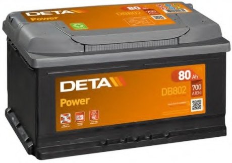 - аккумуляторная батарея 80ah power 12 v 80 ah 700 a etn 0(r+) b13 315x175x175mm 19.5kg DETA DB802 (фото 1)