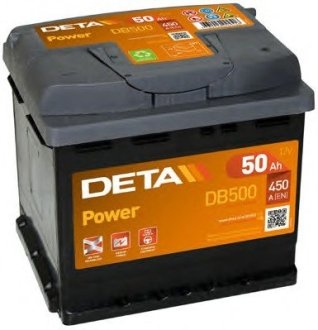 - аккумуляторная батарея 50ah power 12v 50ah 450a etn 0(r+) b13 207x175x190mm 12.8kg DETA DB500 (фото 1)