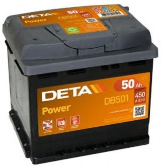 - аккумуляторная батарея 50ah power 12v 50ah 450a etn 1(l+) b13 207x175x190mm 12.8kg DETA DB501 (фото 1)