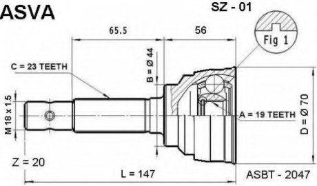 ШРУС зовнішній 19x44x23 - ASVA SZ01 (фото 1)