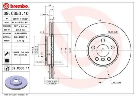 Диск тормозной bmw 2 f4546 x1 f48 передний вент. d=307мм. - Brembo 09C35011